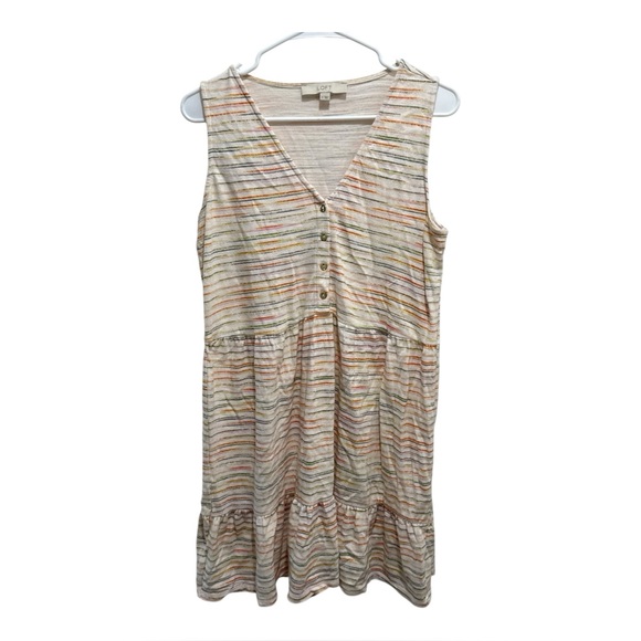 LOFT Womens Stripe Ivory Button Flounce Tier  Dress Medium - Picture 1 of 7